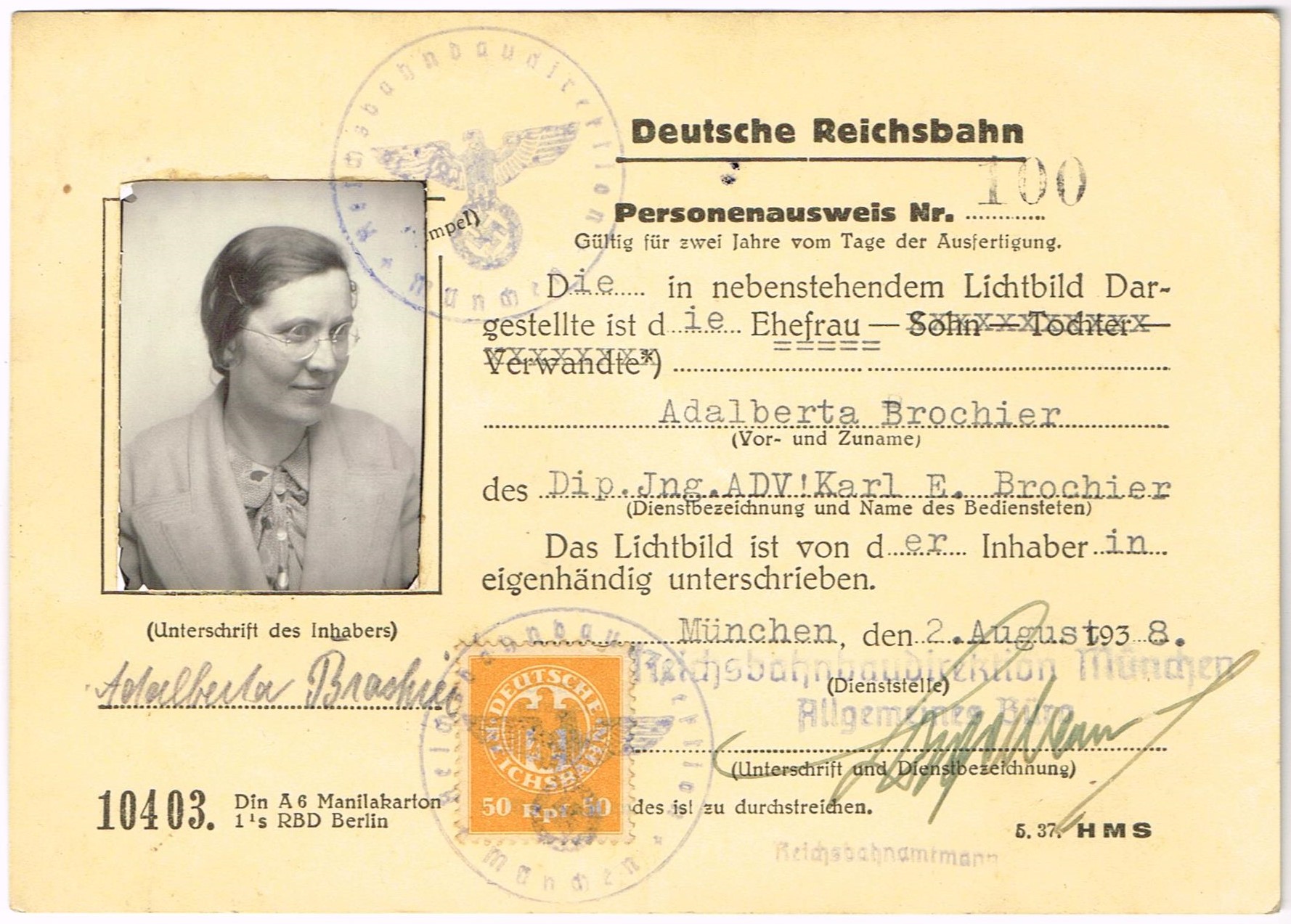 Photo Deutsche Reichsbahn Personenausweis Nr 190 - Adalberta Brochier